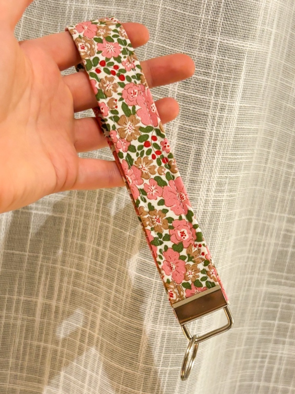Handmade Pink Floral Fabric Key Wristlet